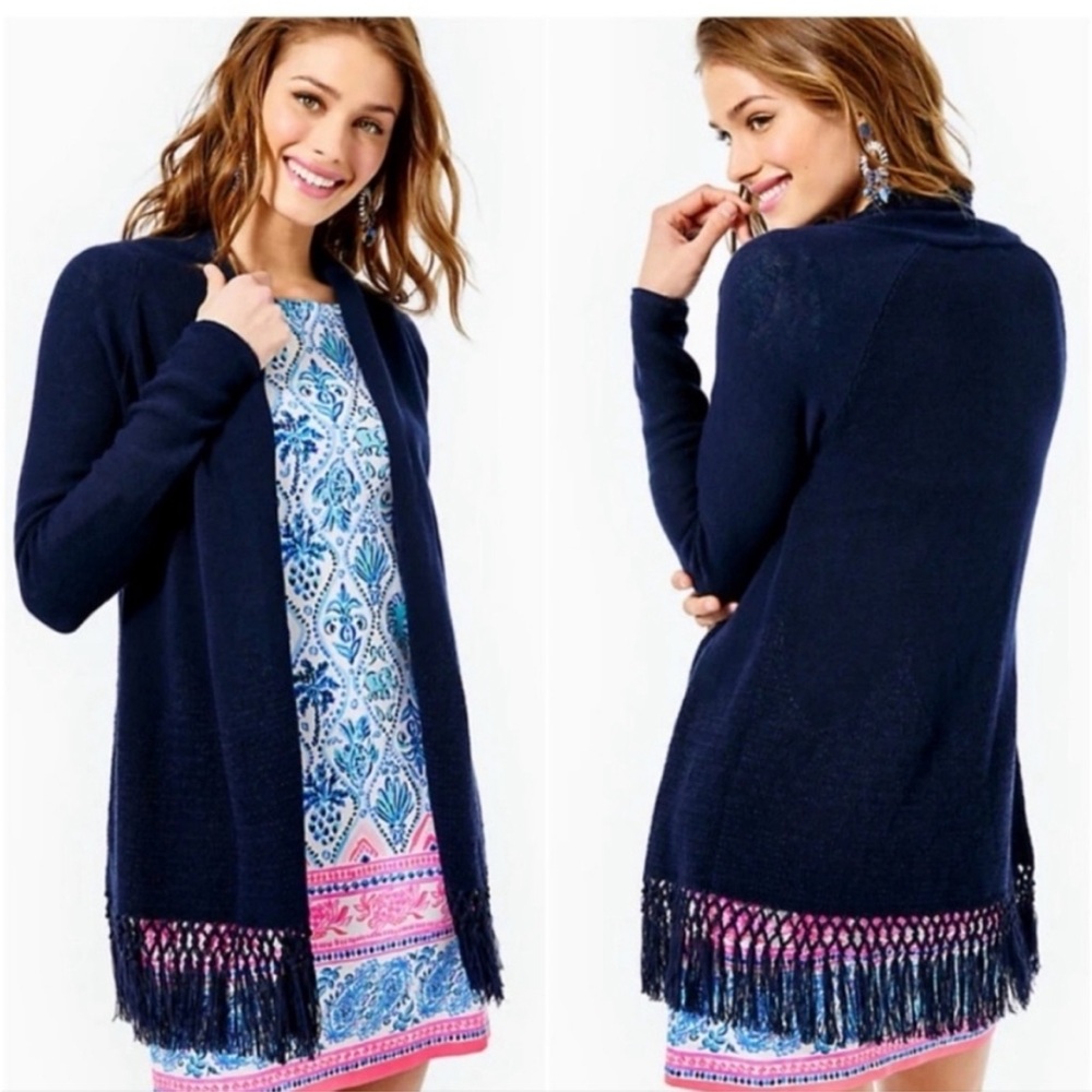 LILLY PULITZER Tatum Long Open Knit Fringe Hem Cardigan In True Navy Size XL